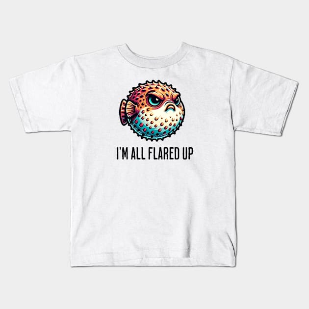 Grumpy Pufferfish: "I'm All Flared Up" Kids T-Shirt by Critter Chaos